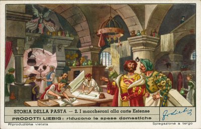 Macaroni bereiden in de keukens van het hof van Este, Italië (chromolitho) door European School