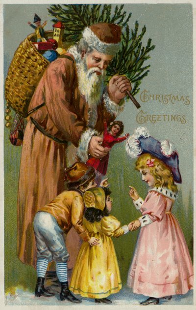 De kerstman geeft cadeautjes en een kerstboom aan kinderen (kleurenlitho) door European School