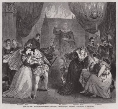 Scène uit Act III van de Duitse toneelschrijver Albert Lindner