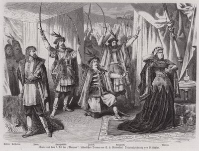 Scène uit Act III van de historische drama Maryna van de Duitse toneelschrijver Salomon Hermann Mosenthal door European School
