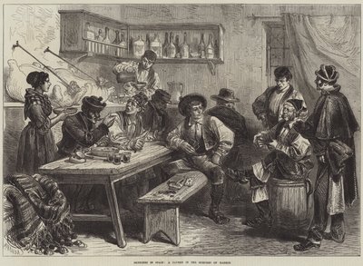 Schetsen in Spanje, een taverne in de buitenwijken van Madrid (gravure) door European School