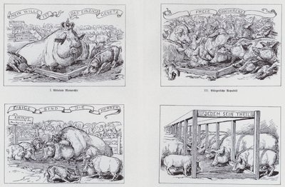 Socialistische cartoon uit 1895 over verschillende regeringsvormen door European School