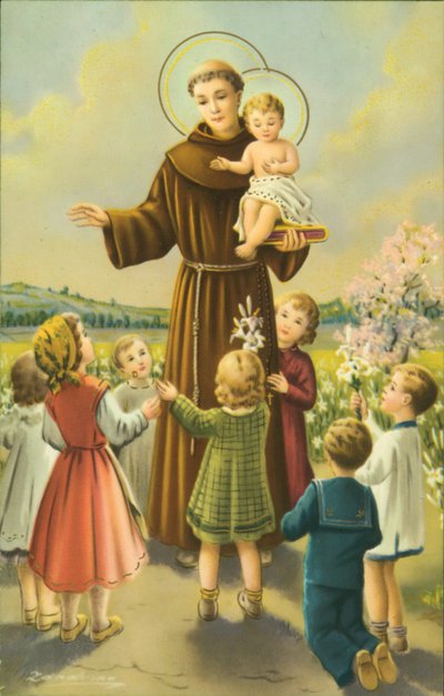 Franciscus van Assisi met het kindje Jezus en kinderen (kleurenlitho) door European School