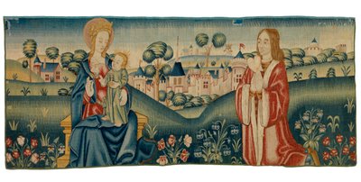 Tapijtfragment van mille fleurs met Sint Benedictus die zijn hart aan de Maagd Maria presenteert door European School