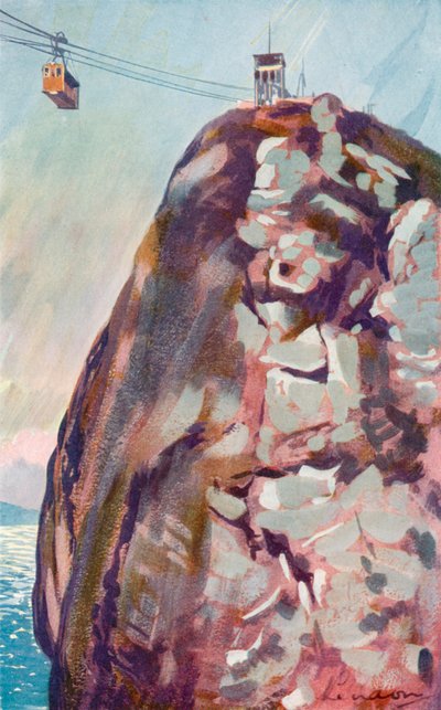 De zweefbaan bereikt de top van de Sugar Loaf (kleurenlitho) door European School