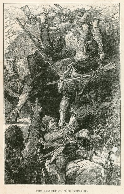 De aanval op het fort (gravure) door European School