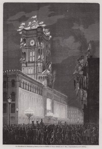 Het Berlijnse Rathaus verlicht om de terugkeer van Kaiser Wilhelm I te vieren door European School