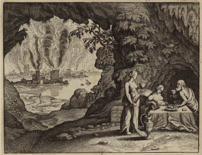 De verbranding van Sodom, en Lots dochters die hem dronken voeren zodat ze kinderen van hem konden krijgen (gravure) door European School