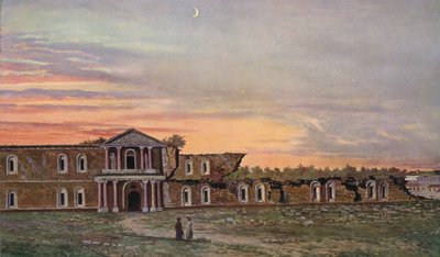 Zicht op schade aan gebouwen na een mortierexplosie in Moskou (kleurenlitho) door European School