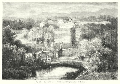 Exterieur van de viskwekerij van Huningue (gravure) door European School
