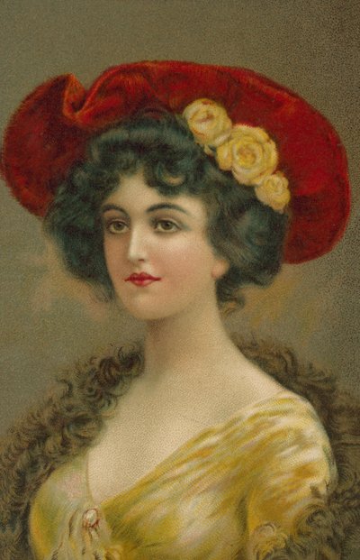 Vrouw met Edwardiaanse hoed (kleurenlitho) door European School