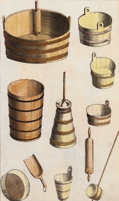 Houten gereedschap en vaten (kleurenlitho) door European School