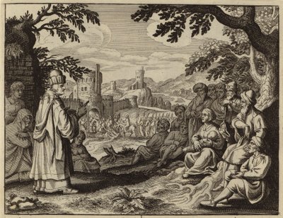 Zacharia waarschuwt de Joden tegen het herhalen van de zonden van hun vaders (gravure) door European School