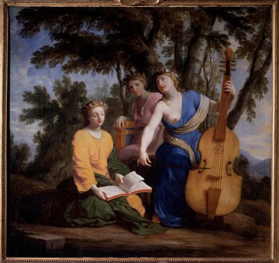 Voorstelling van de drie Muzen Melpomene, Erato en Polymnie door Eustache (studio of) Le Sueur