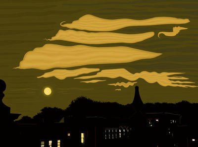 Wolken, maan en park vanaf het dak (digitale kunst) door Evan Sklar
