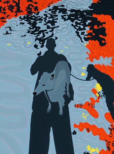 Hond in de schaduw van de mens Brooklyn (digitale kunst) door Evan Sklar