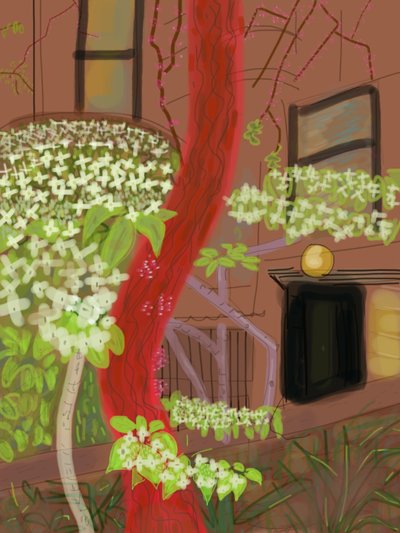 Bloeiende kornoeljebomen, 2015 (met de hand getekend op een iPad met een Apple-potlood) door Evan Sklar