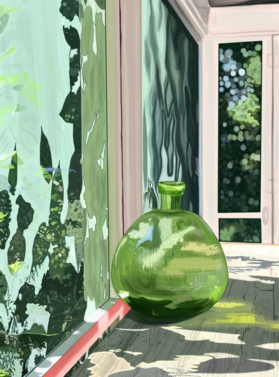Groene vaas in afgeschermde veranda, Brooklyn (digitale kunst) door Evan Sklar