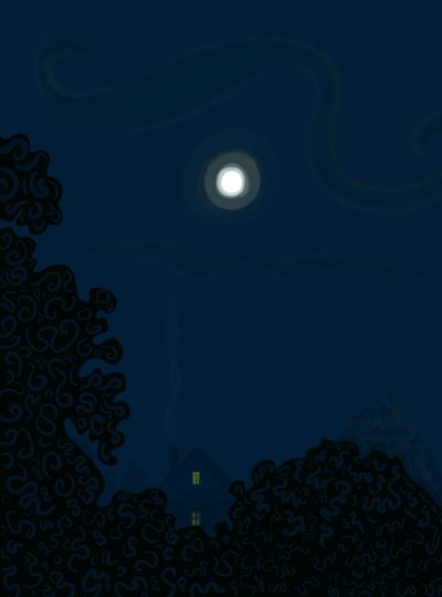 Huis met gevel en maan bij nacht schaduwen van bomen (digitale kunst) door Evan Sklar