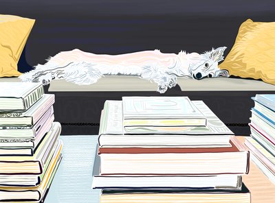 Minnie op sofa met boeken, c.2020-24 (digitale kunst) door Evan Sklar