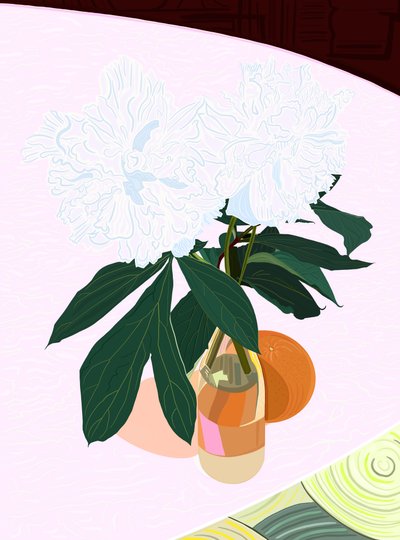 Pioen en grapefruit, ca 2020-24 (digitale kunst) door Evan Sklar