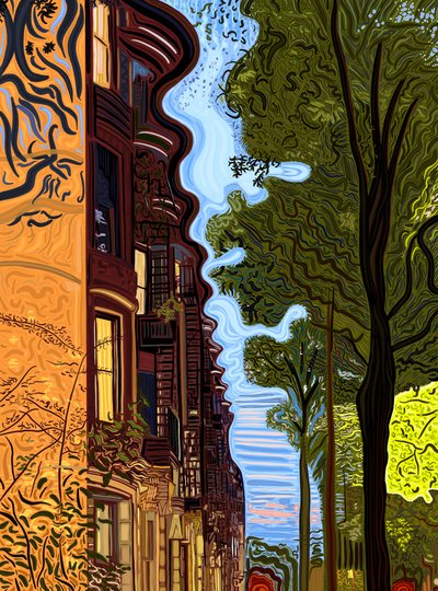 Daklijn en boomgrens bij zonsondergang. (digitale kunst) door Evan Sklar
