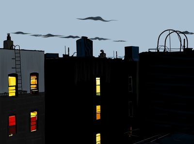 Daken en gebouwen op zomernacht (digitale kunst) door Evan Sklar
