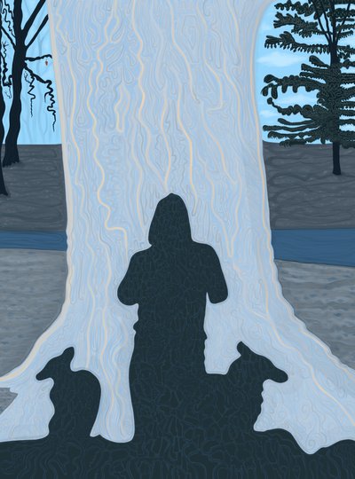 Schaduw van mens en hond op grote boomstam, Brooklyn (digitale kunst) door Evan Sklar