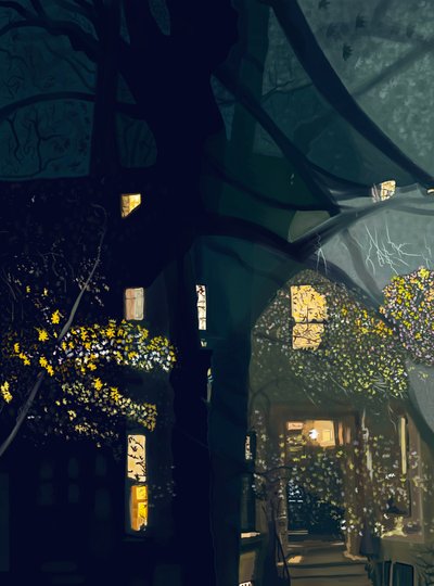 Schaduwen op venster en uitzicht over straat bij nacht (digitale kunst) door Evan Sklar