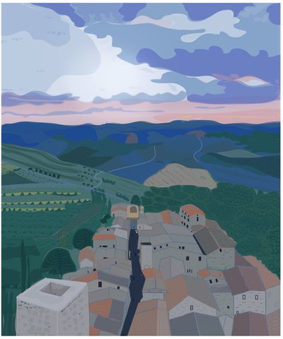 Klein dorpje in Toscane, 2015 (met de hand getekend op een iPad met een Apple potlood) door Evan Sklar
