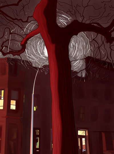 Straat en boom bij nacht verlicht door sirenes en straatlantaarn (digitale kunst) door Evan Sklar