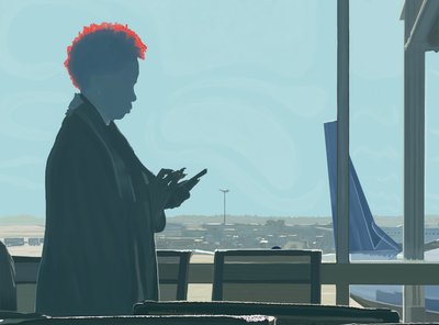 Vrouw wachtend op luchthaven (digitale kunst) door Evan Sklar