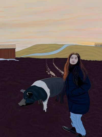 Jonge vrouw en varken, ca 2020-24 (digitale kunst) door Evan Sklar