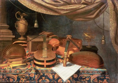 Een gitaar, een cello, luiten, een muziekpartituur en andere boeken en een armillarium op een gedrapeerde tafel door Evaristo Baschenis