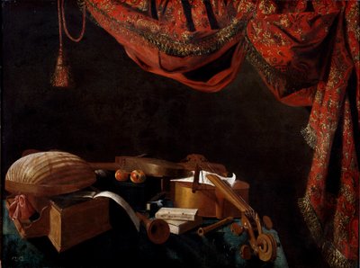 Stilleven met muziekinstrumenten en boeken Schilderij door Evarista Baschenis door Evaristo Baschenis