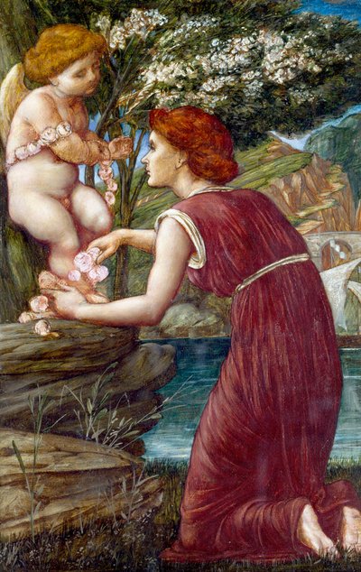 "De cultus van Cupido" Jonge vrouw met een beeldje van de god van de liefde. Schilderij van Evelyn De Morgan (1855-1919) (prerafaëliet) Privécollectie door Evelyn De Morgan