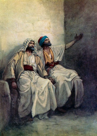 Paulus en Silas vrolijk in de gevangenis (kleur litho) door Evelyn Stuart Hardy