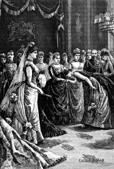 Koningin Victoria begroet gasten in een salon in Buckingham Palace door Everard Hopkins