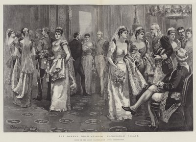 De tekenkamer van de koningin, Buckingham Palace, scène in de groene tekenkamer na de presentatie door Everard Hopkins