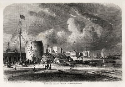 Haven van de stad Zanzibar (huidig Tanzania), tekening door Evremond de Berard (1824-1881), ter illustratie van de reis van kapitein Burton naar de Grote Meren van Oost-Afrika in 1857-1859. Gravure in "Le tour du monde, nouveau journal des voyages" Parijs door Evremond de (after) Berard