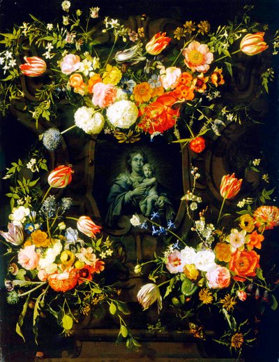 Madonna Omringd door Bloemen, 1662 door Eykens or Ijkens Ykens