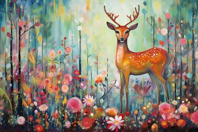 Een hert in de natuur en bloemen, heldere kleuren door F. Abderrahim