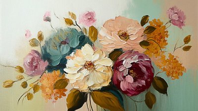 Abstract vintage bloemen schilderij door F. Abderrahim