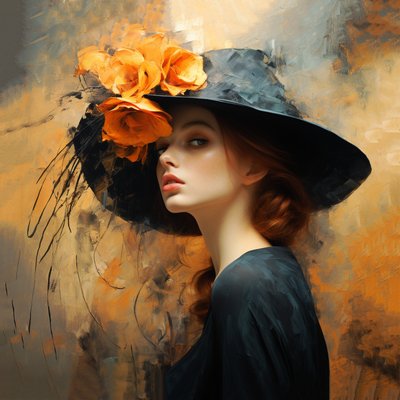 Abstract schilderij van mooie vrouw met bloemenhoed door F. Abderrahim