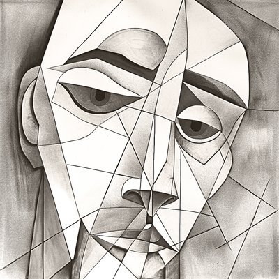 Abstract primitieve potloodtekening die een melancholisch gezicht portretteert door F. Abderrahim