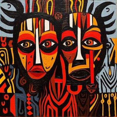 Afrikaanse stamgezichten, Picasso-stijl schilderij, canvas muurkunst print door F. Abderrahim