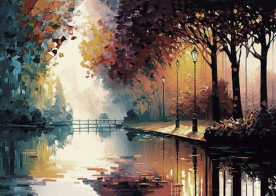 Expressief schilderij van een tuin met een stroom in de herfst door F. Abderrahim