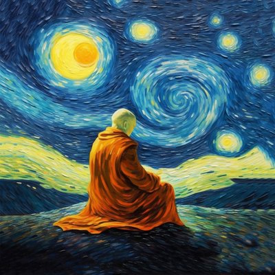 Man in meditatie, Van Gogh schilderstijl, yoga pose afdrukken, muurkunstafdrukken door F. Abderrahim