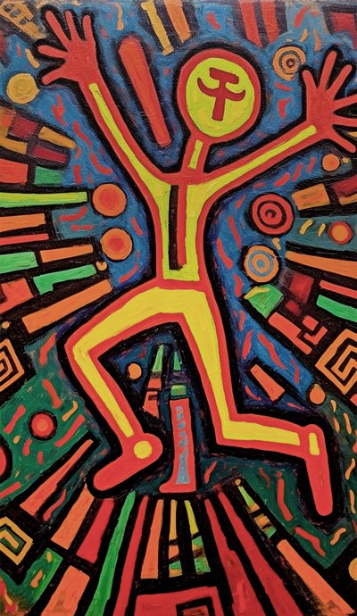 Inheems figuratief schilderij, naïef ingelijst door F. Abderrahim