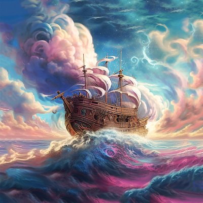 Schip zeilend door abstracte wolken, surrealistische lucht door F. Abderrahim